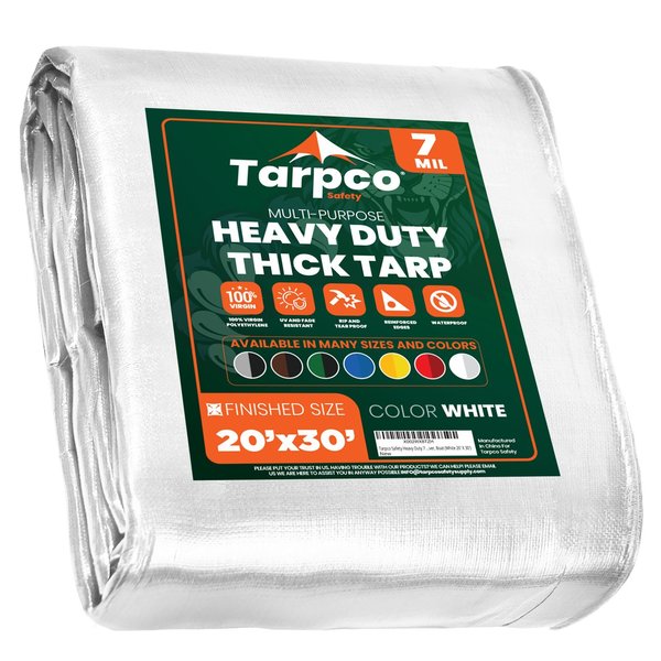 Tarpco Safety 30 ft x 0.5 mm H x 20 ft W Heavy Duty 7 Mil Tarp, White, Polyethylene TS-204-20X30